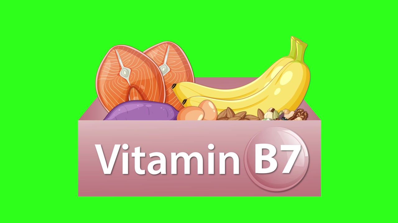 B7 Vitamini etiketli kutu, parlak yeşil bir arka planda muz, mantar, fındık ve yumurta ile doluyor