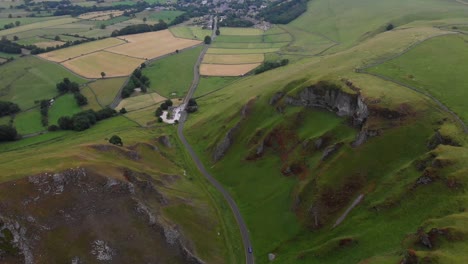 aerial footage over winnats pass, peak district, uk