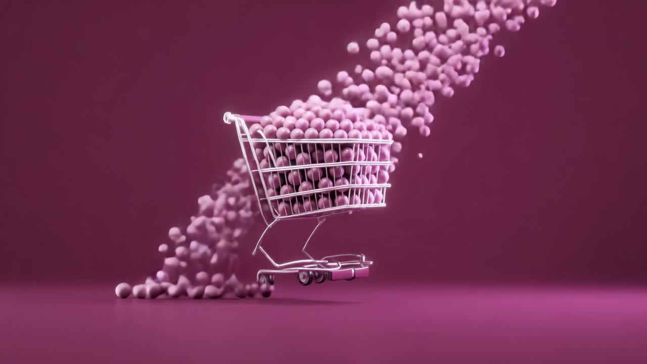 A whimsical journey of a shopping cart filled with vibrant purple spheres, capturing the essence of creativity and playfulness in a minimalist, stylized setting