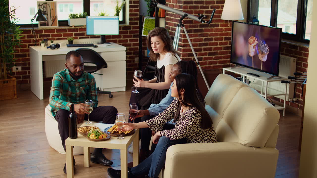 Smiling colleagues throwing apartment party, eating snacks