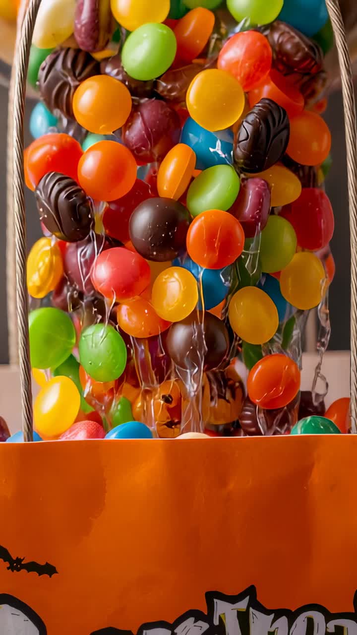 Vertical video: Gravity causing colorful candies cascading in Halloween gift bag on kitchen counter