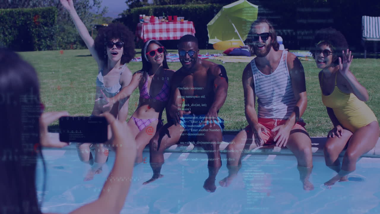 Group of friends sitting by pool with digital code overlay animation