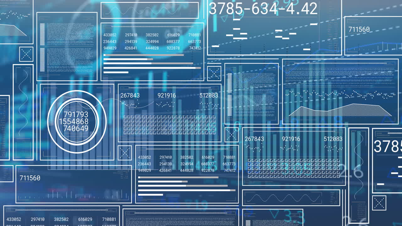 Animation of interface screens, charts and data processing on blue background