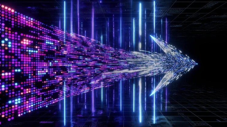 Digital pil, der bevæger sig gennem en abstrakt datatunnel