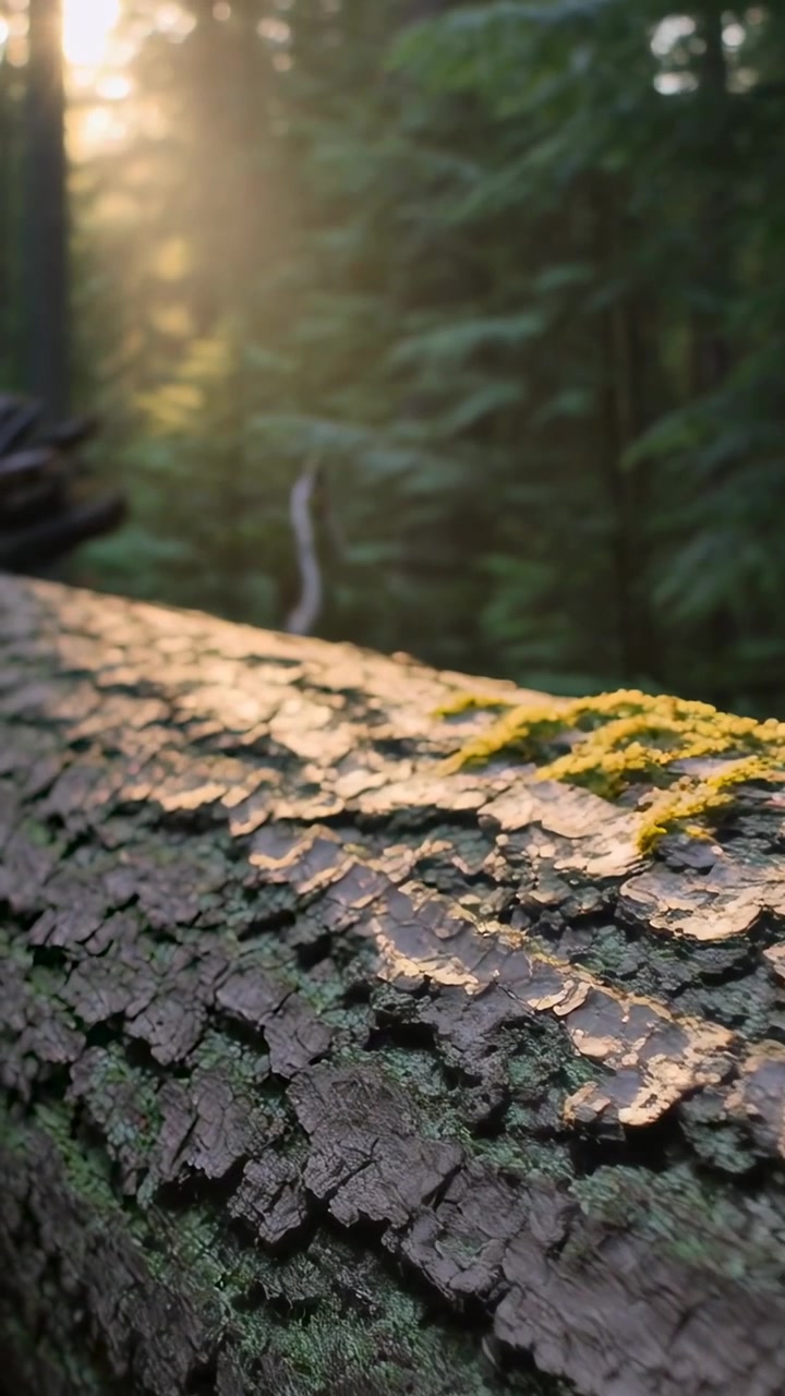 Video verticale: Telecamera in movimento che rivela un tronco di conifera caduto nella foresta, concentrandosi su muschio e raggio di sole