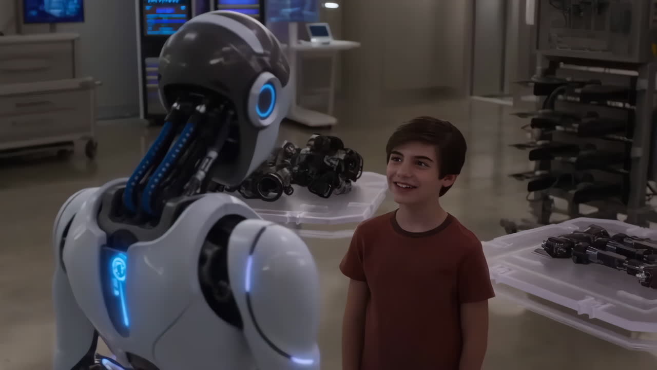 A young boy interacts with a futuristic robot in a technology lab