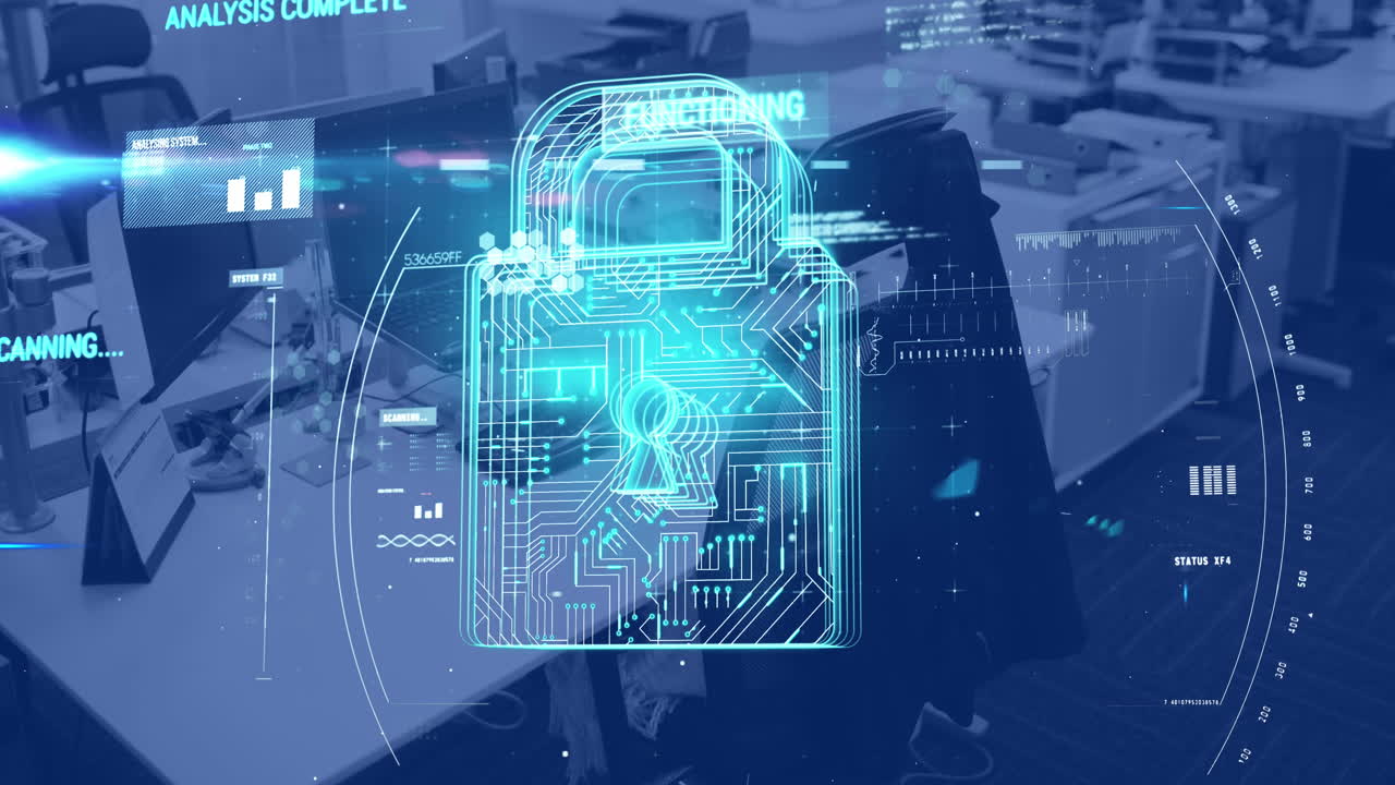 animación de candado y procesamiento de datos en la oficina moderna