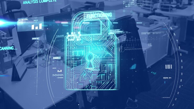 Animation of padlock and data processing over modern office