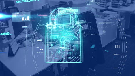 animation of padlock and data processing over modern office