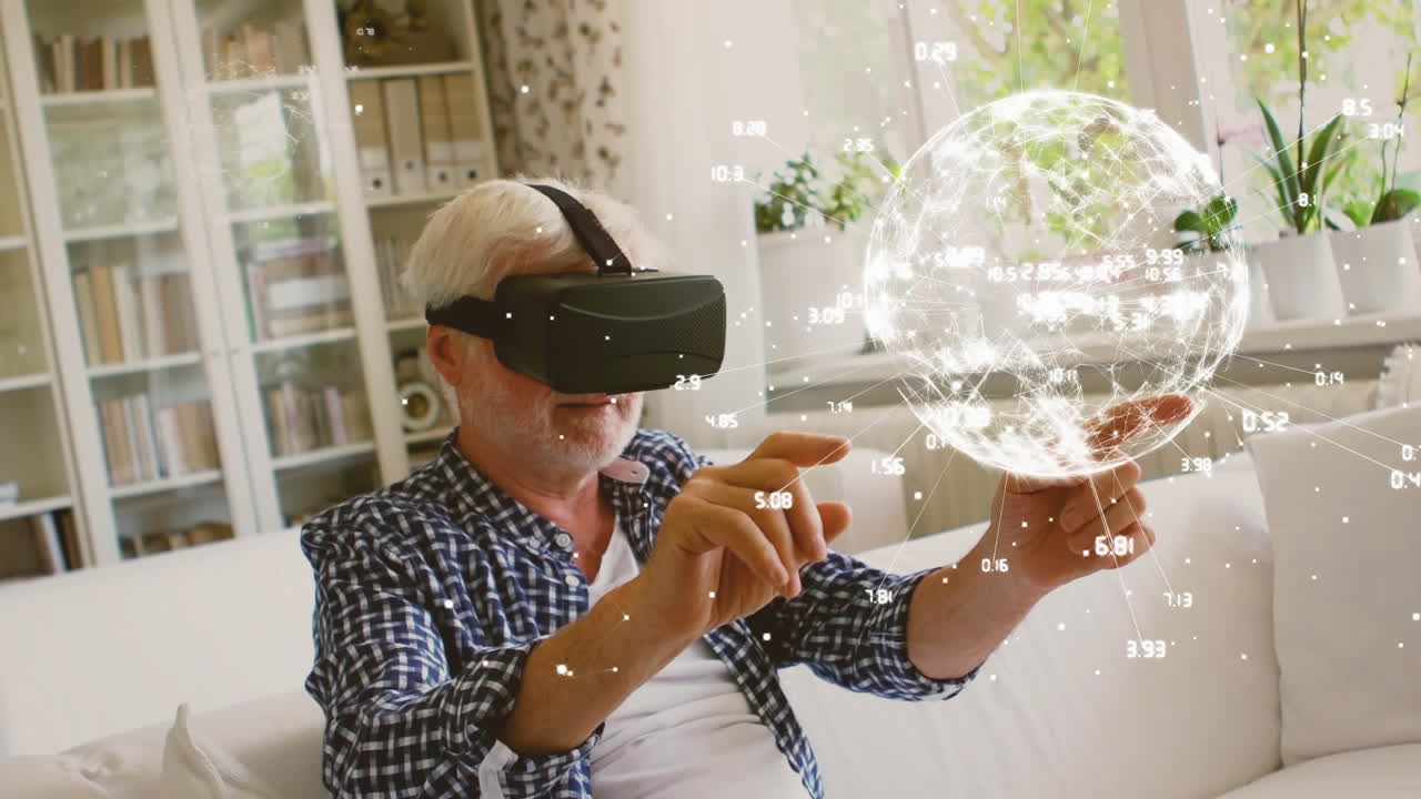 un hombre usa un simulador virtual y trata de tocar un globo digital