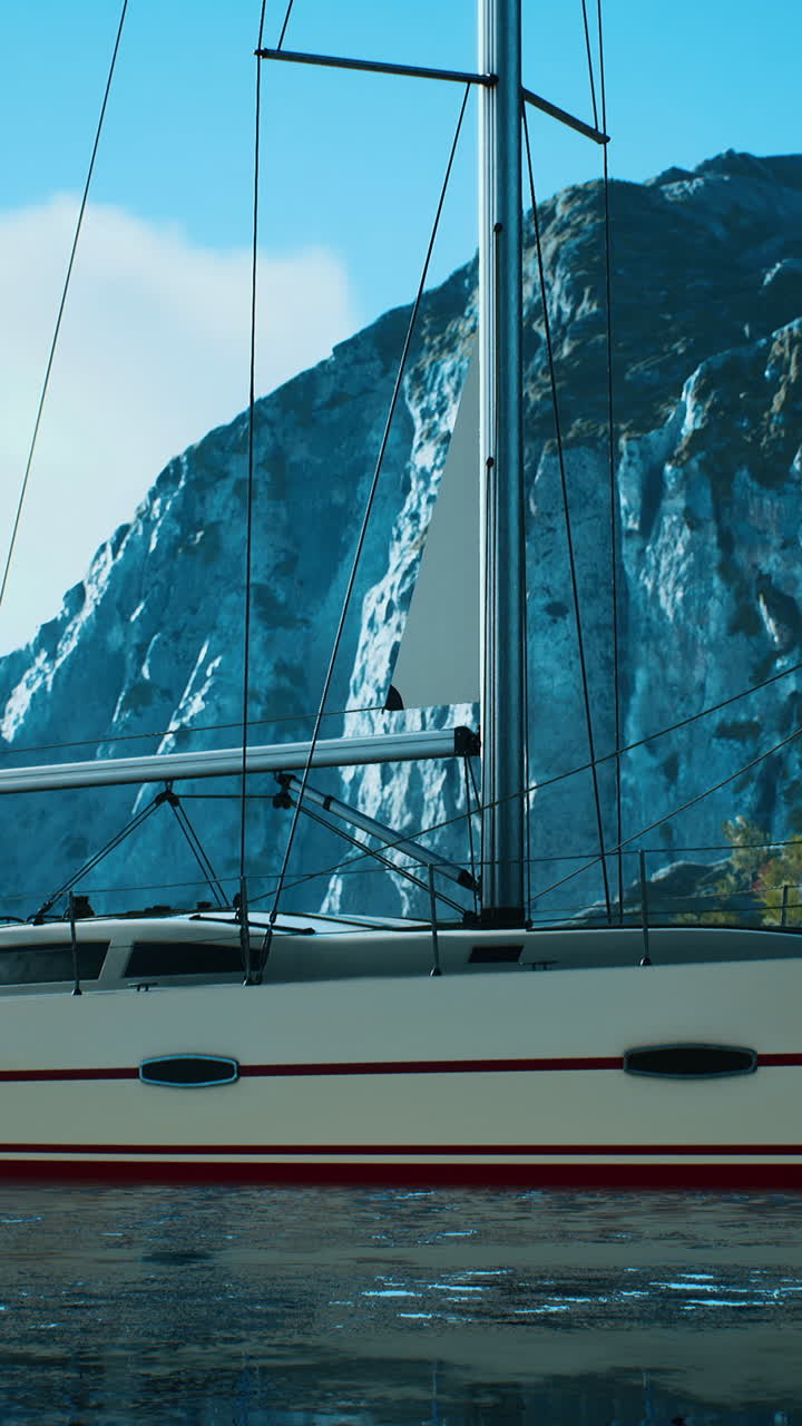 un velero blanco anclado en una bahía tranquila con montañas en el fondo