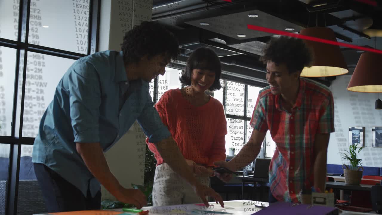 Biz team leaning table, left man reaching, center woman leading, animated notes aligning near phone