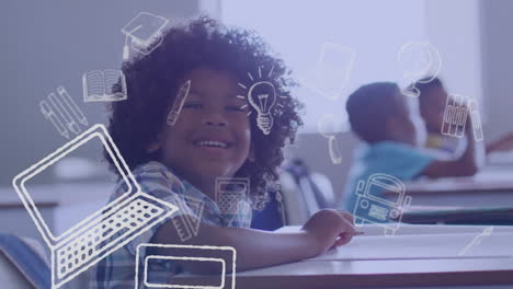 animación de iconos de artículos escolares sobre estudiantes diversos y felices en el aula
