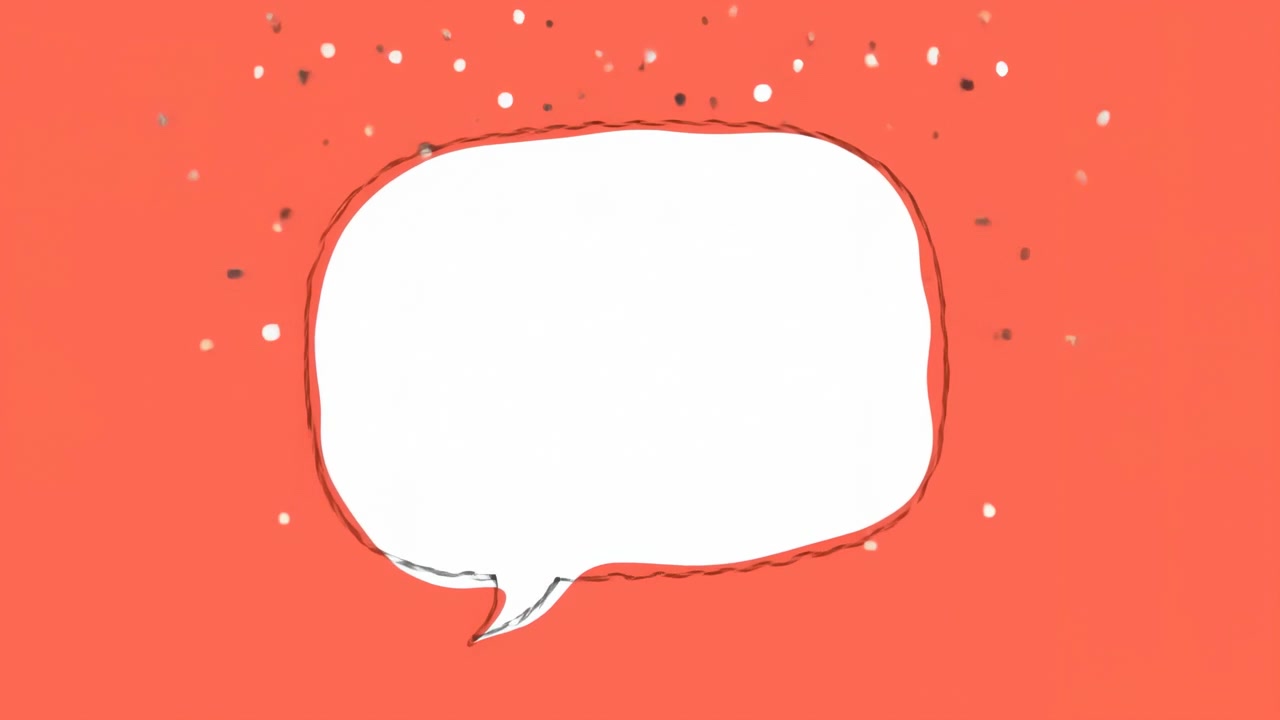 White comic style speech bubble centered on a bright orange background with scattered confetti dots above, creating a cheerful blank space for message design