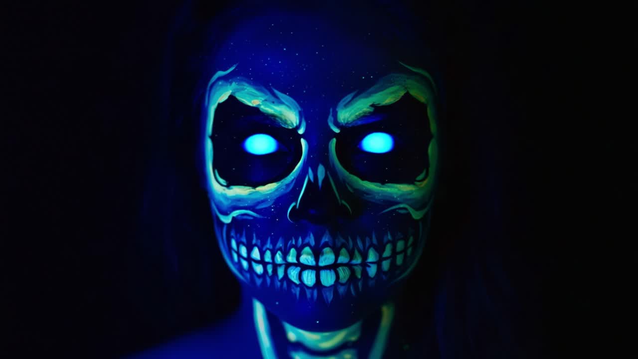 Ipnotizzante arte facciale glittica: una trasformazione mozzafiato che mostra un fascino oscuro con un design a teschio illuminato al neon, catturato in un audace contrasto visivo.