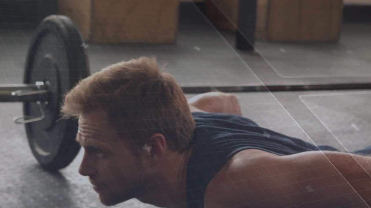 Man doing plank-row with dumbbells for strength, shifting weight to press while HUD showing timing