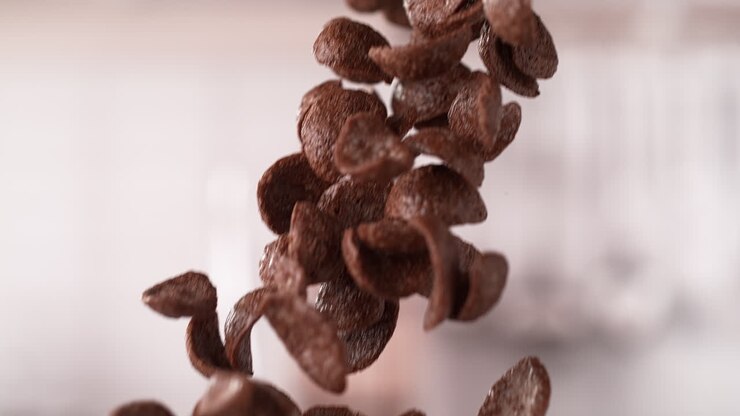 Cocoa Shell-Shaped Cereals Poured From A Box Falling In Macro And Slow Motion