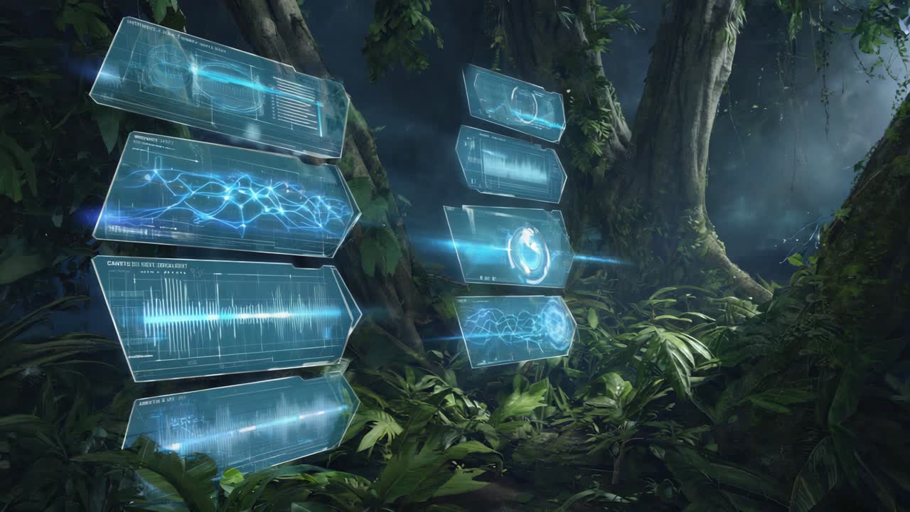 Futuristic Holographic Data Displays in a Lush Jungle