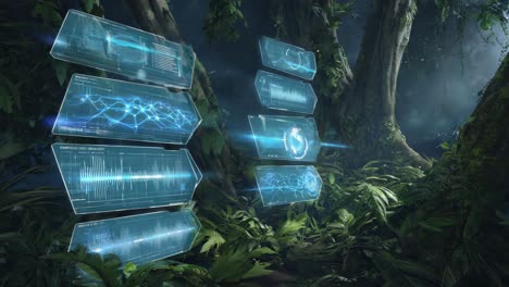 futuristic holographic data displays in a lush jungle