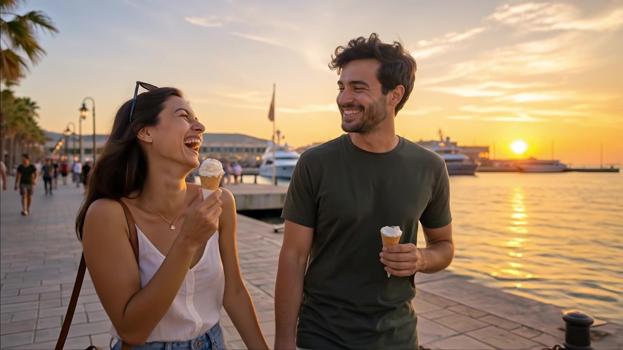 Coppia felice che passeggia lungo il lungomare al tramonto mentre mangia coni gelato.