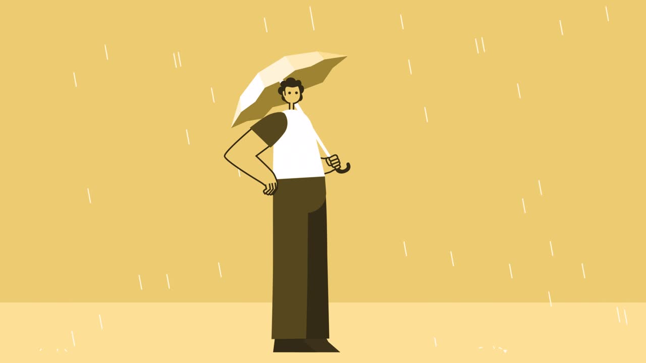 노란색 스타일의 남자: 비가 오는 동안 우산을 가진 평평한 캐릭터, 알파 채널과 함께 고립된 루프 애니메이션