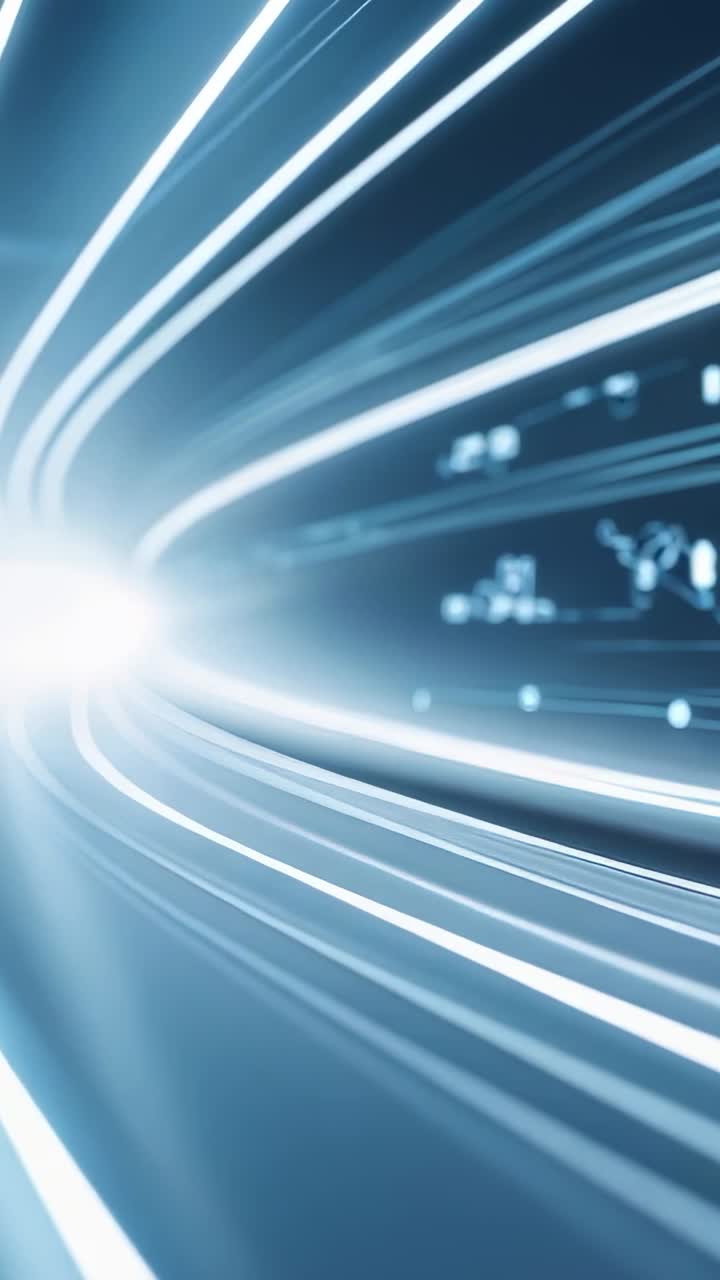 Video verticale: luce che emerge da sinistra creando scie in un tunnel di dati, simulando un flusso con caratteri