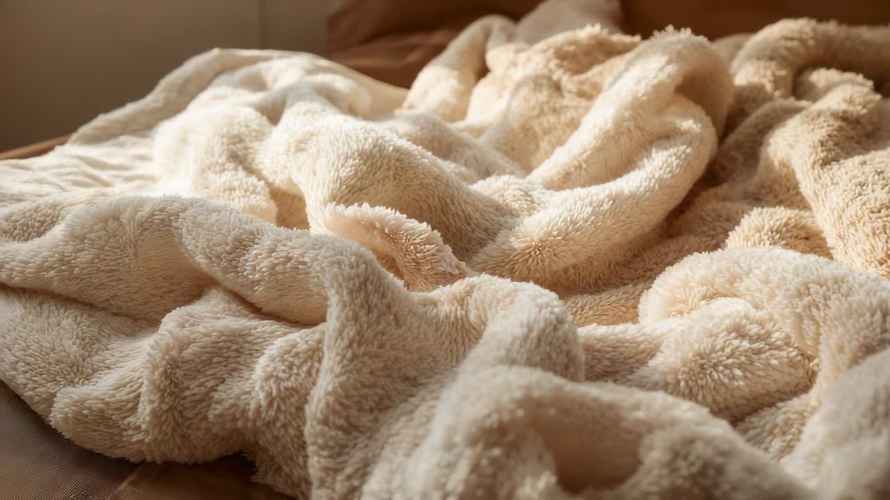 Warm light guiding camera shift, crumpled beige plush blanket revealing surface texture in bedroom