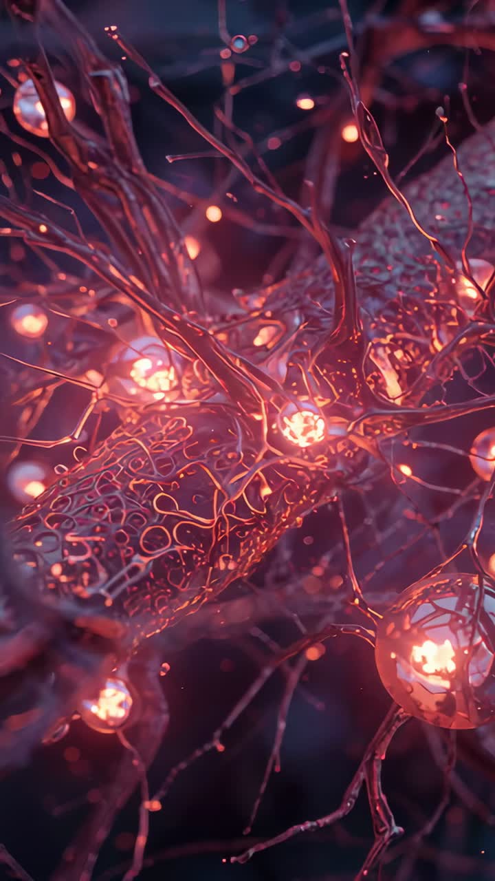 Vertical video: Camera pushing forward revealing micro strands with pulsing nodes, mesh, sparks