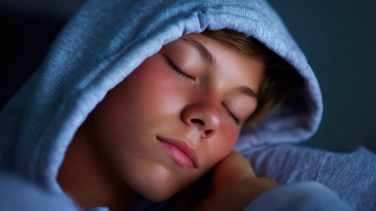 A serene moment captured as a young person peacefully sleeps with their hoodie pulled up, embodying tranquility and comfort in a cozy, dimly lit environment, surrounded by warmth and quietude