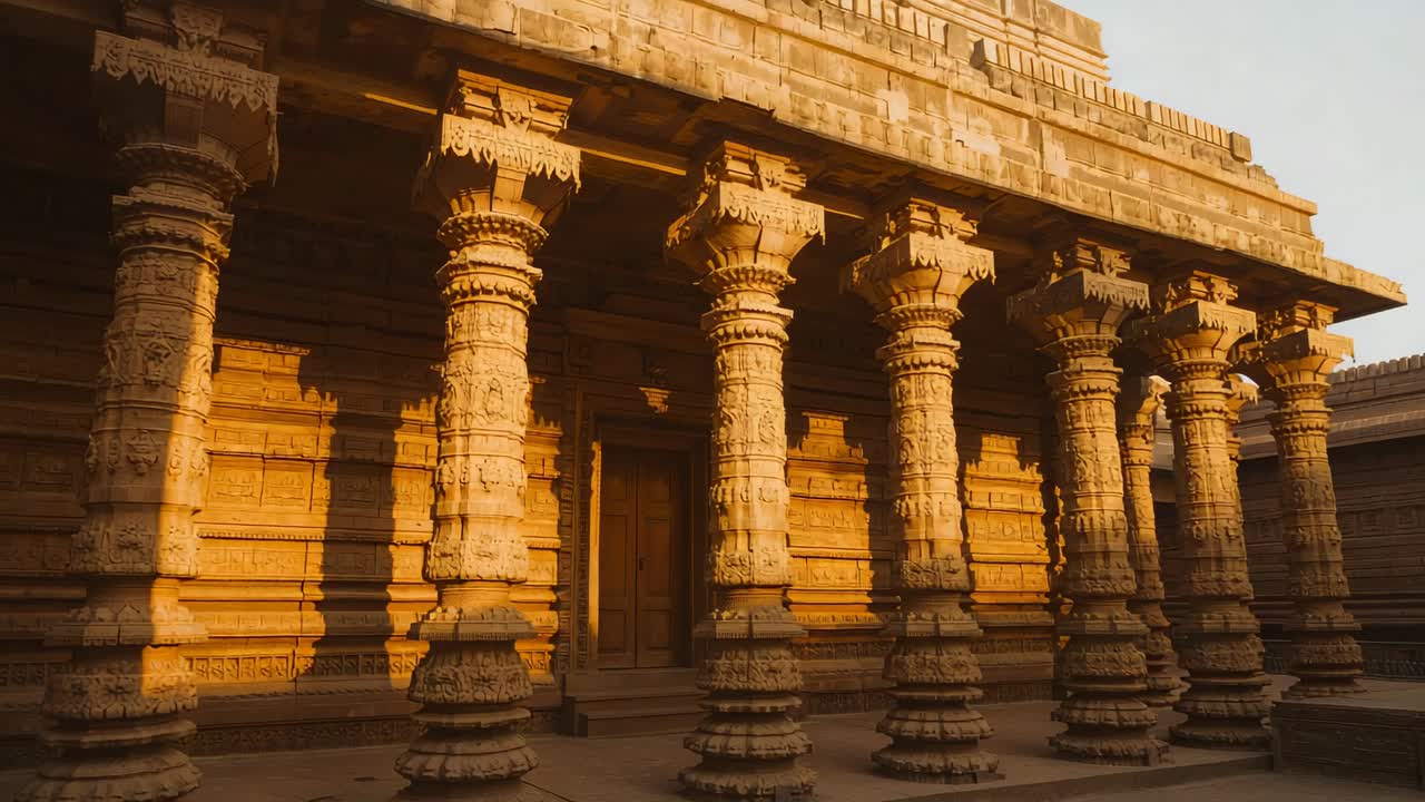Sunlight driving camera panning across temple veranda revealing carved pillars, doorway and reliefs