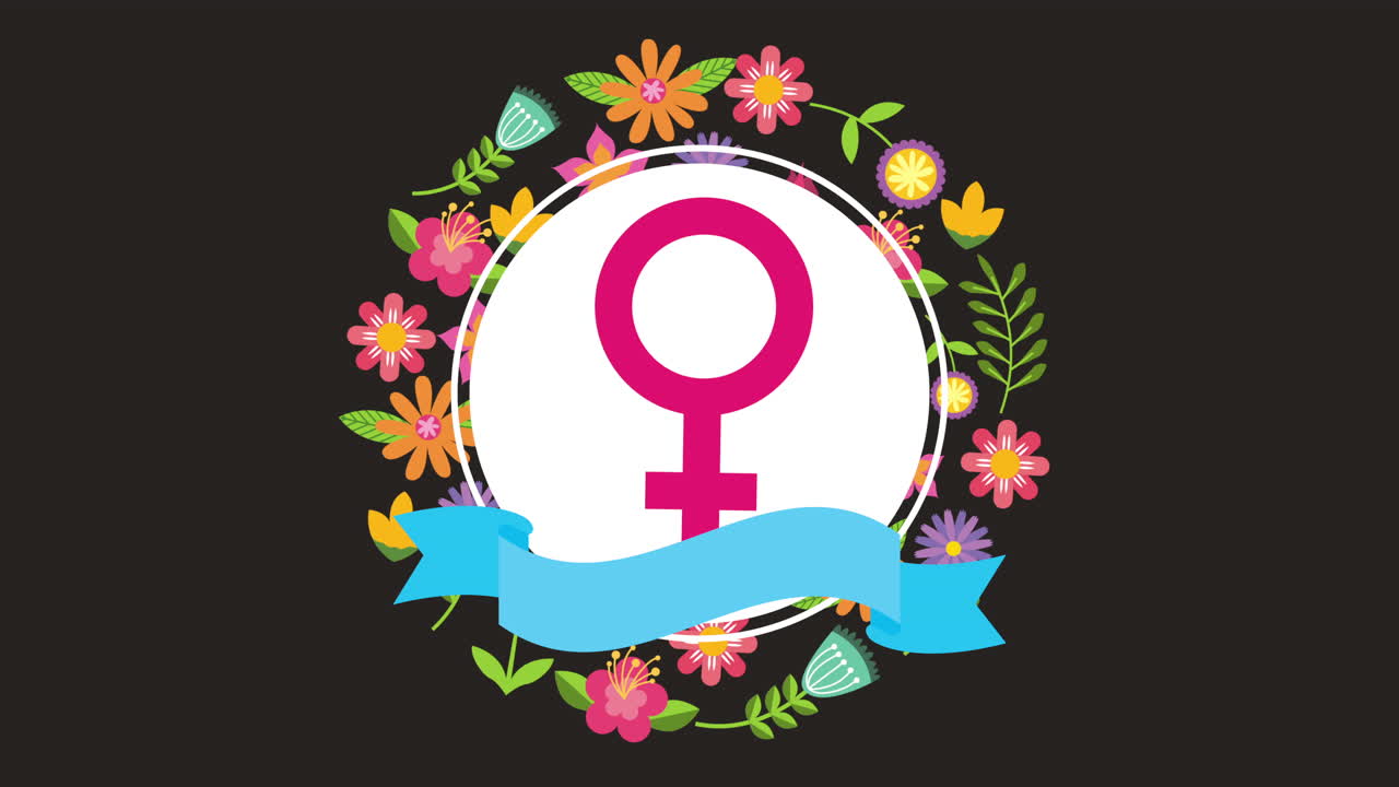 feliz día de la mujer letras con símbolo de género y flores