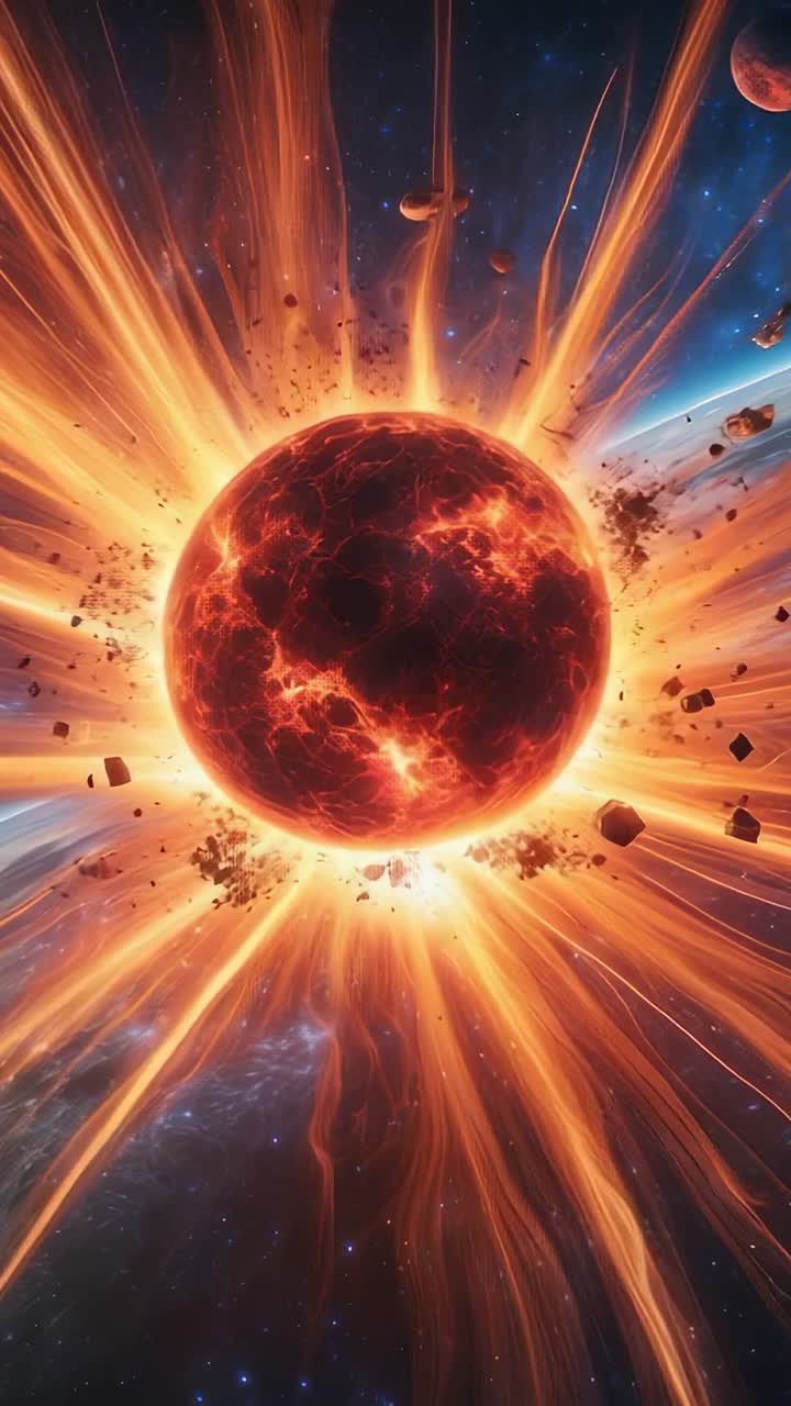Vertical video: Erupting molten planet spewing lava streams, shedding debris among stars and moon