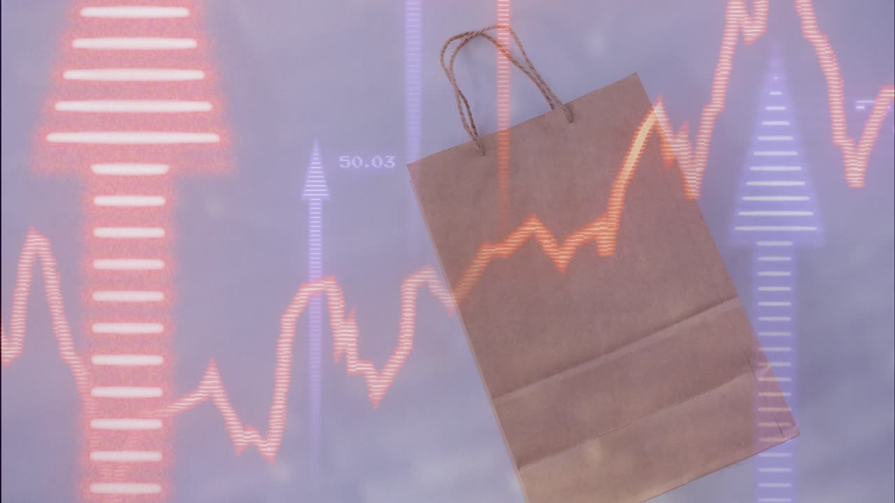 Grafico arancione animato che appare sopra un sacchetto di carta marrone che si muove leggermente, mostrando le tendenze di mercato.