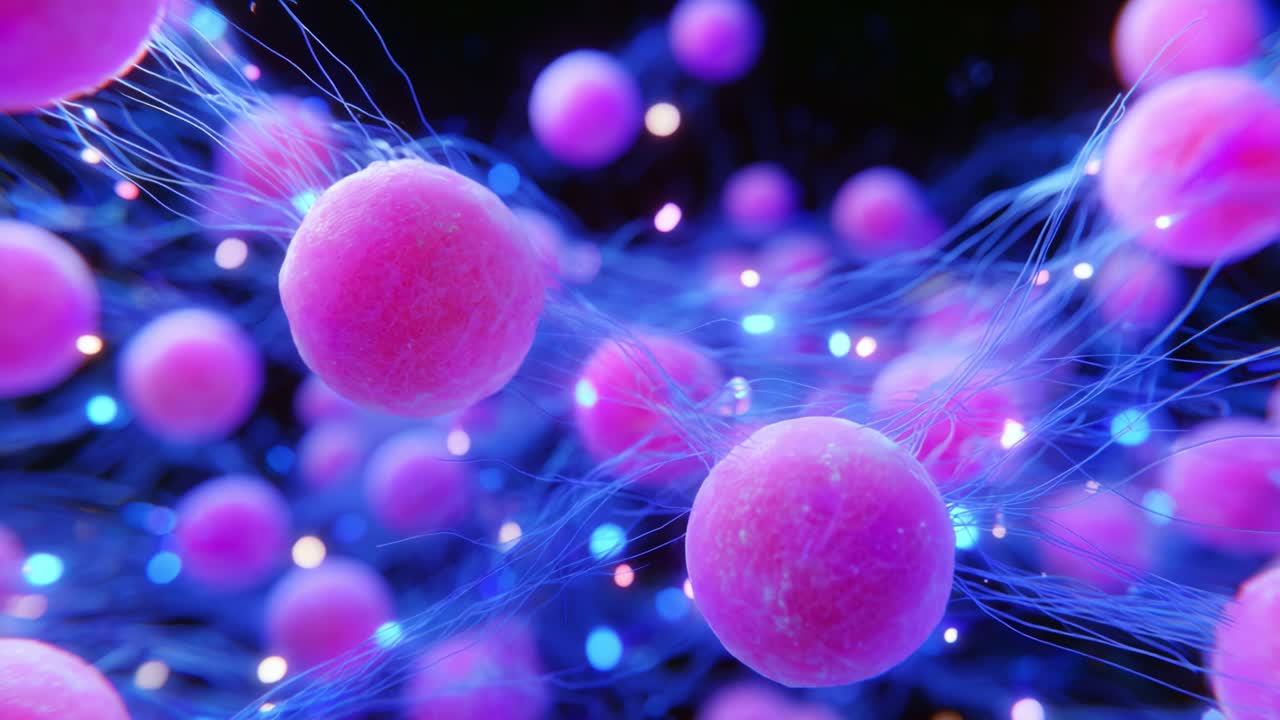 An Intricate Visualization of Vibrant Pink Cells Interconnected by Delicate Filaments and Surrounded by Glimmering Lights, Showcasing the Complexity of Microbial Life at a Magnified Scale