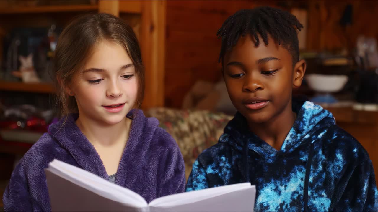 Due bambini che leggono insieme, mostrando amicizia e collaborazione mentre esplorano un libro, in un ambiente interno accogliente