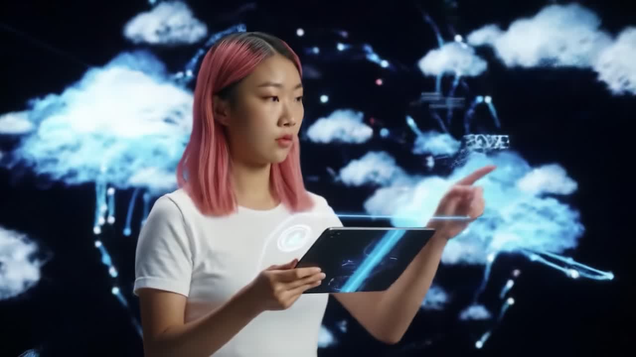A young woman with pink hair interacts with a futuristic tablet interface, surrounded by a digital backdrop of clouds and advanced technology showcasing innovation and connectivity.