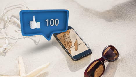 auriculares, anteojos, y un teléfono con icono y números para redes sociales 4k
