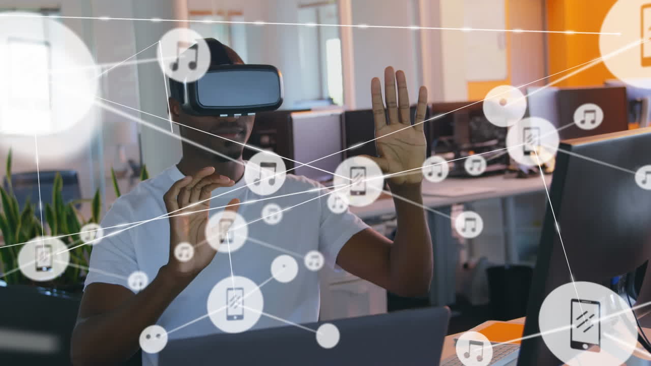 Animation of networks of connections and businessman wearing phone vr headset