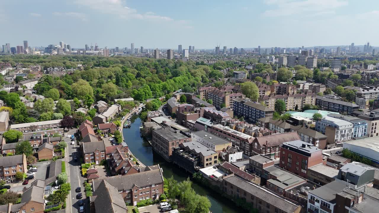 Regents Canal East London Tower Hamlets drone,aerial push in shot 4K footage