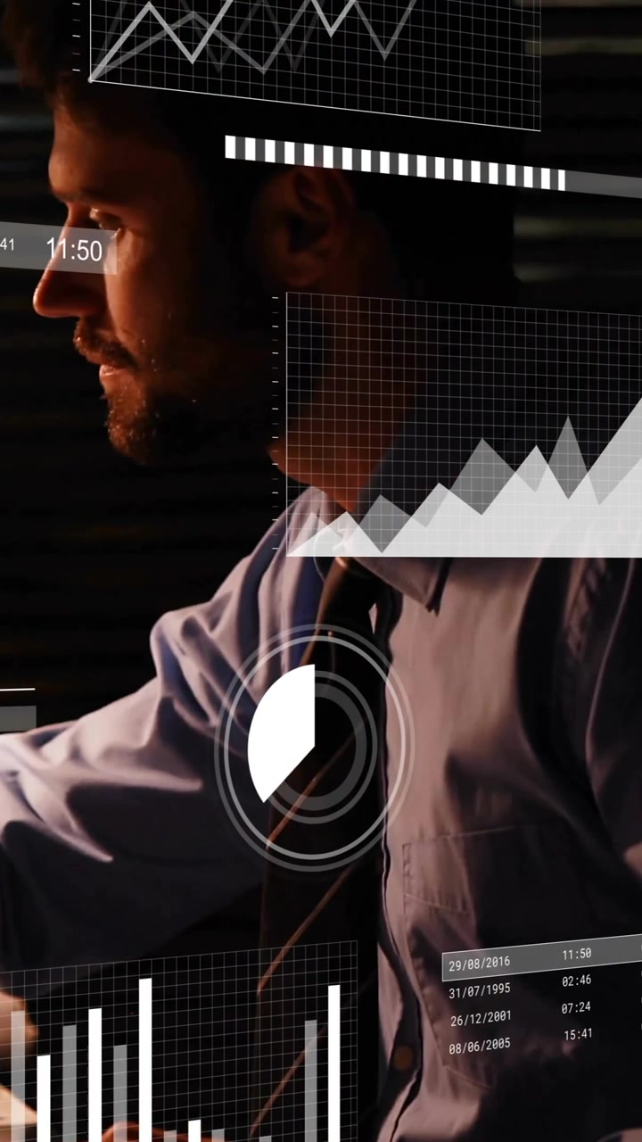 Animation of infographic interface over focused caucasian businessman drawing blueprint in office