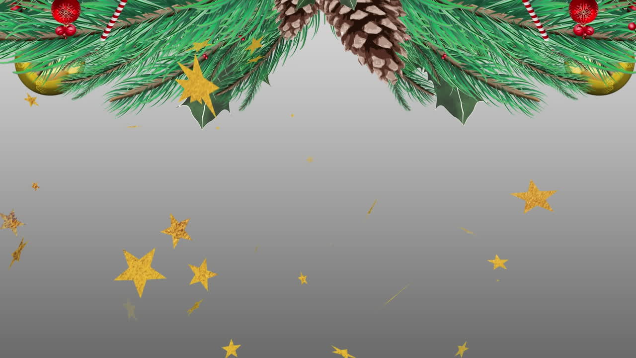 animación de estrellas sobre un abeto con decoraciones navideñas en fondo gris.