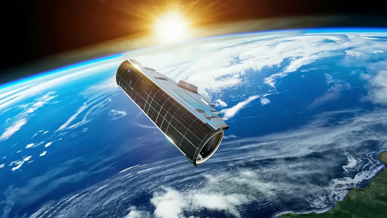 спутник, вращающийся вокруг земли с восходящим солнцем на заднем плане