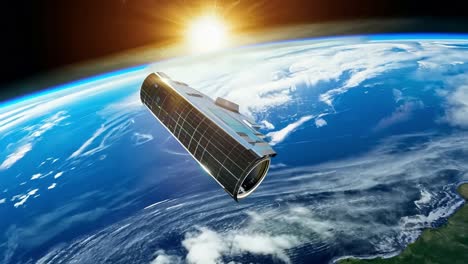 satélite en órbita de la tierra con el sol naciendo en el fondo