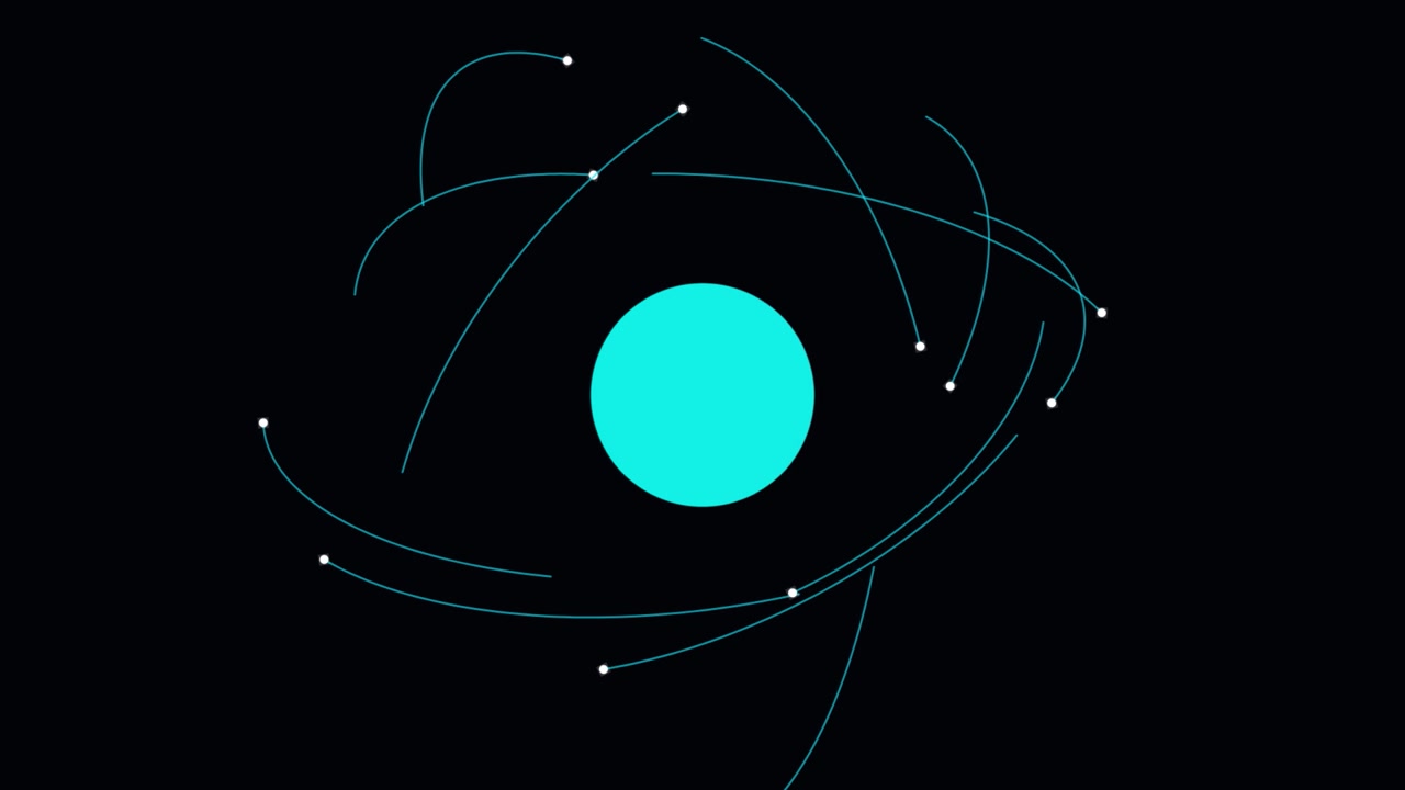 Animazione astratta di particelle in orbita attorno a una sfera centrale.