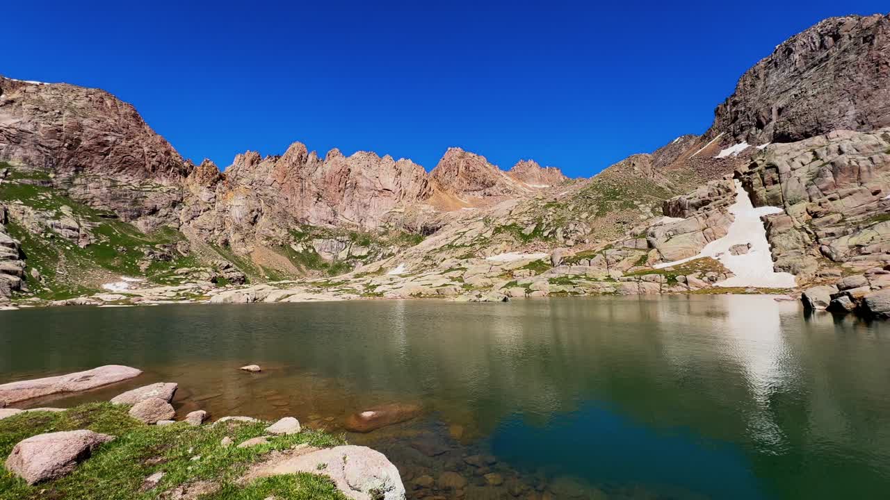 Summer afternoon glacier Twin Lakes Chicago Basin Colorado Silverton San Juan Range Rocky Mountains snowmelt Mount Eulos fourteeners Sunlight Windom Peak Silverton July blue sky pan left