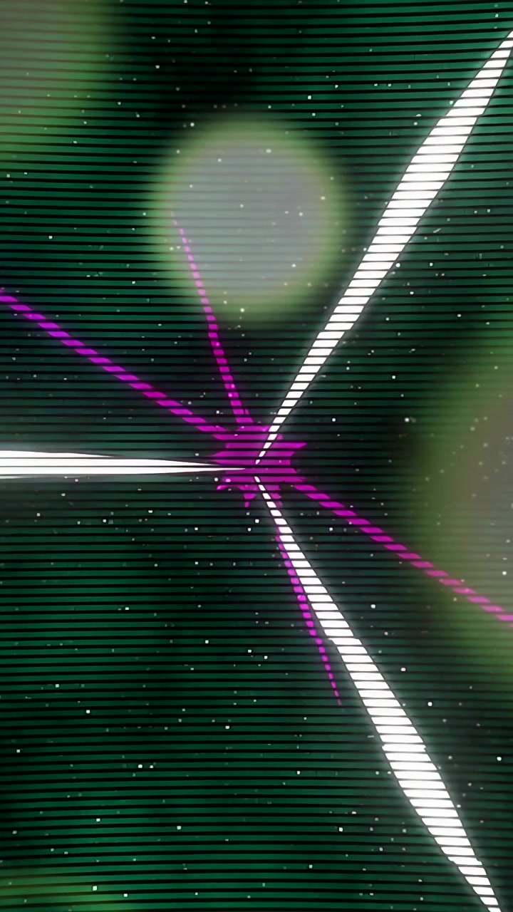Video verticale: gruppo di dischi bokeh che reagiscono a un picco magenta, illuminandosi e convergendo per la messa a fuoco.