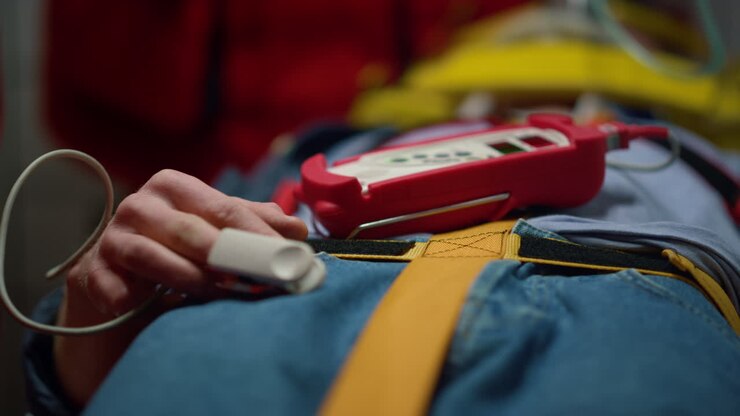 Close up view of victim using pulse oximeter