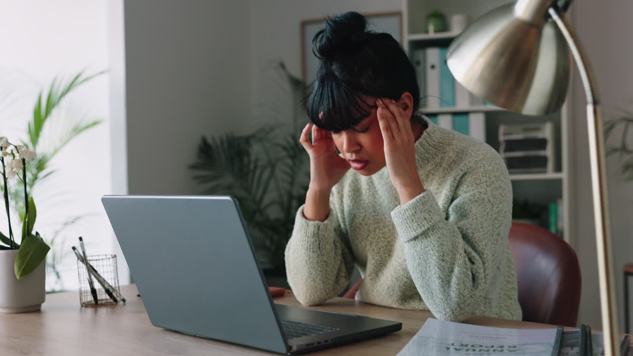 Headache, laptop and woman with stress due to