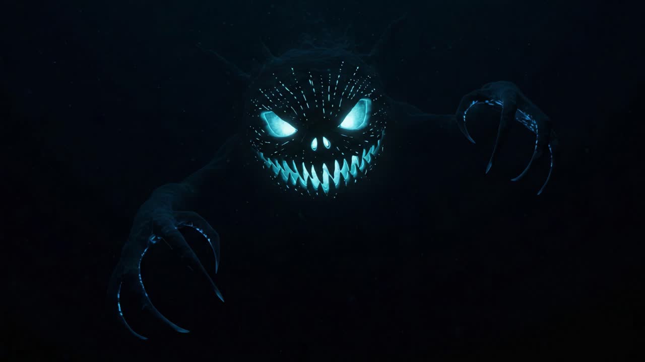 Una minacciosa creatura delle tenebre: l'ombra mostruosa emerge dall'abisso con occhi luminosi e artigli sinistri, infestando le profondità con un'aria di malevolenza