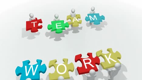 computer animation showing 3d man with team work puzzle